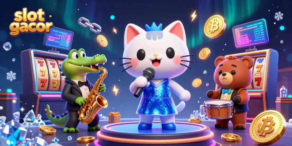 Engage with slot gacor in a vibrant casino scene featuring animated characters and glowing crypto elements.