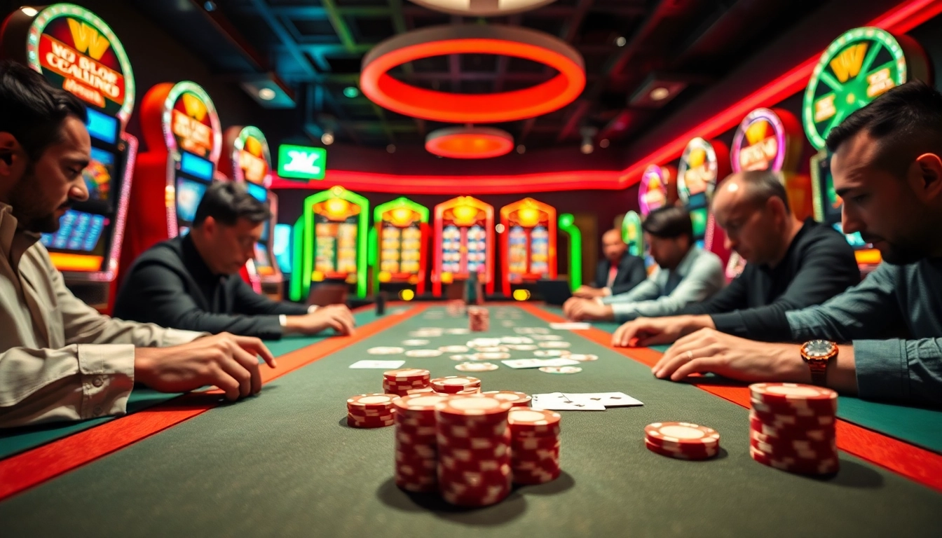 Interwin menang di permainan kasino poker yang menegangkan, dengan lampu yang terang.