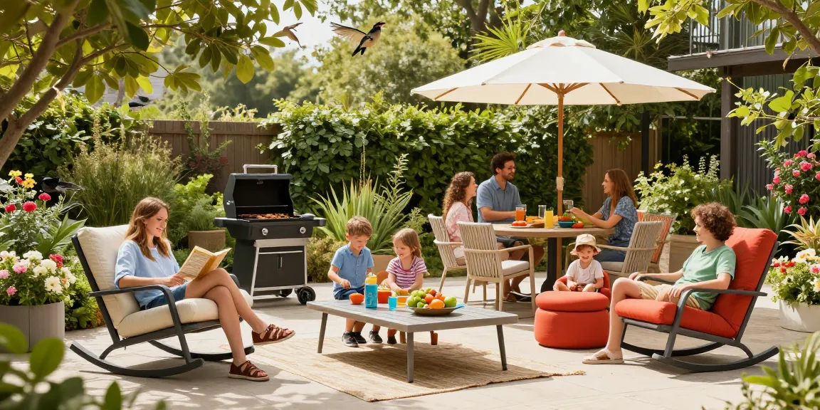 Stylish garden patio furniture including Camden Club Chair and Lotus Dining Set set in a vibrant outdoor scene.
