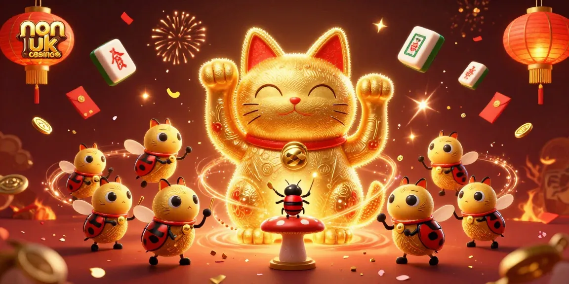 Experience the magic of non uk casino with a vibrant illustration of a lucky cat and fireflies.