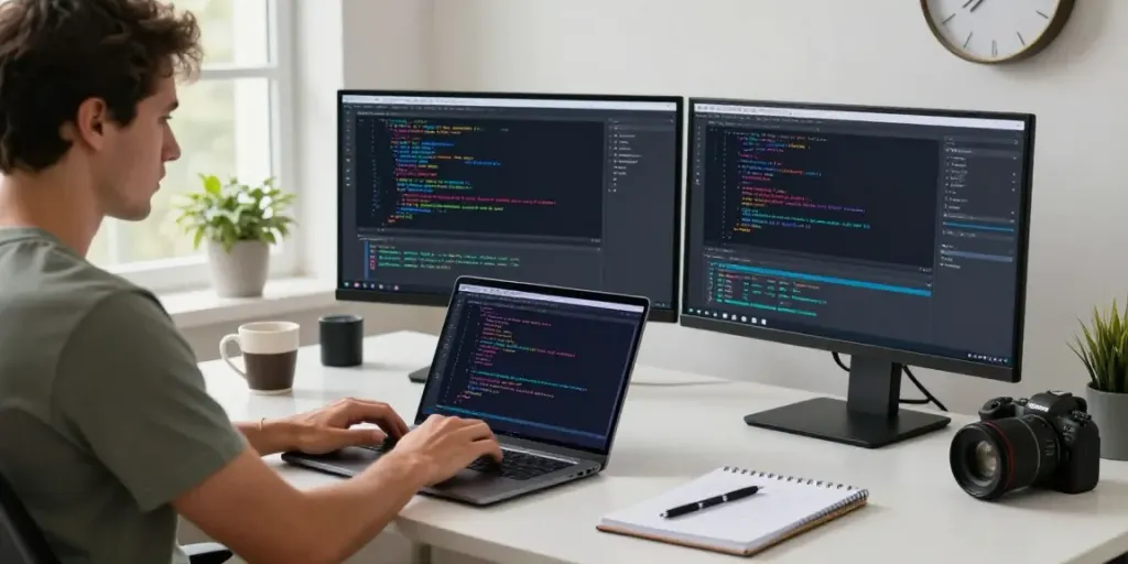 Programmer using notepad on dual monitors in a modern workspace
