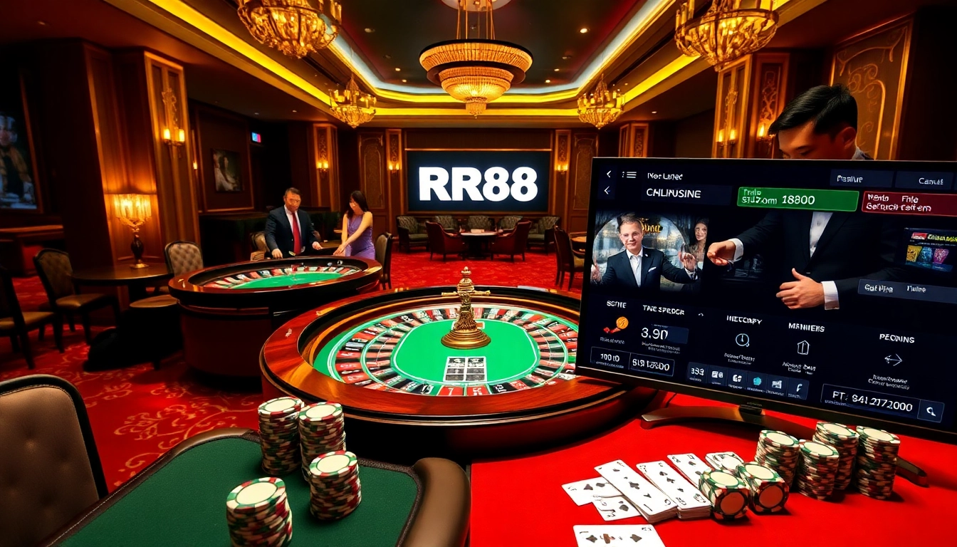 RR88 gaming excitement at an upscale casino scene with roulette and poker games.