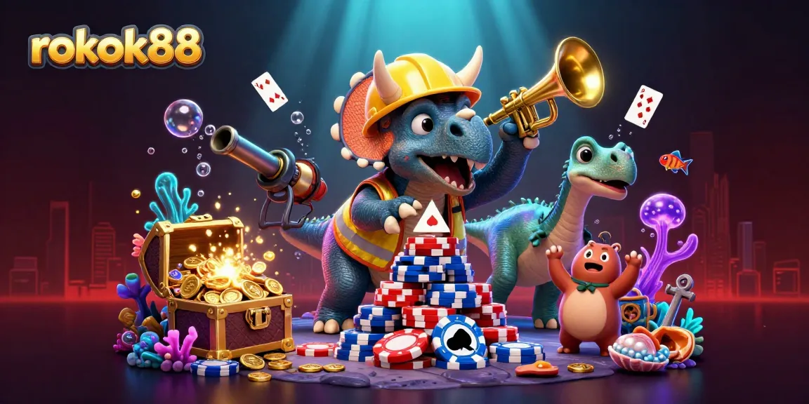 rokok88 celebrates with a vibrant, detailed illustration of a triceratops building poker chips amidst underwater riches.