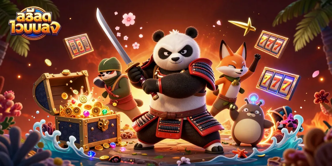 Explore สล็อตเว็บตรง with vibrant samurai characters amid exploding treasure and casino elements.