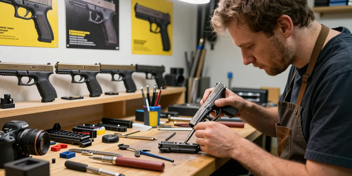 Precision Glock assembly at https://precisionglockslides.com showcasing skilled craftsmanship in a dynamic workshop.
