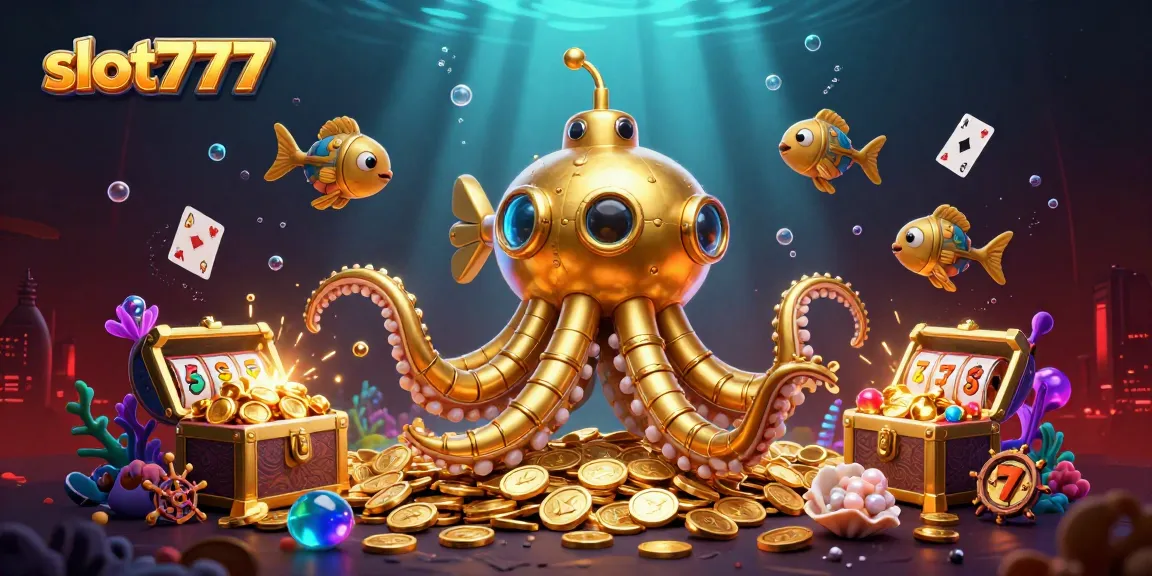 Bermain slot777 dengan mesin slot dan simbol keberuntungan di lautan koin emas.