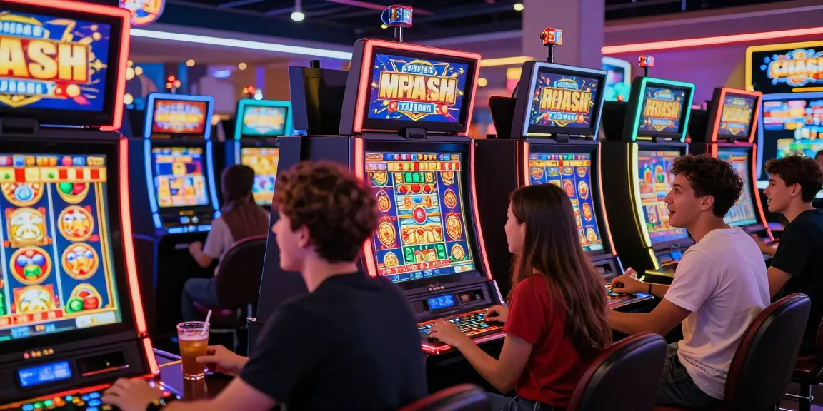 Players engaged in an exciting online slot gaming session in a vibrant virtual casino, showcasing colorful animations and joyful expressions.