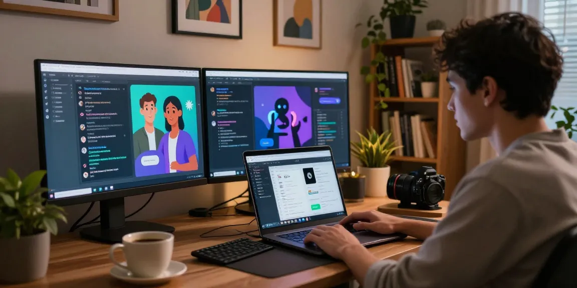 Engaged user chatting with ai nsfw chatbot in cozy home office environment, showcasing vibrant character designs.