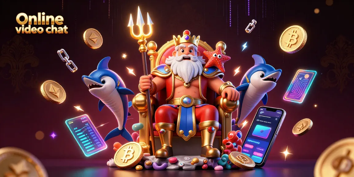 Engage in fun online video chat with animated Neptune and samurai amid vibrant casino elements.