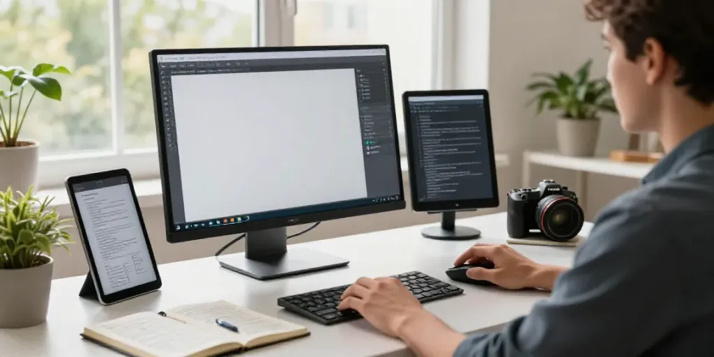 Generate review articles with AI in a modern home office with sleek tech.