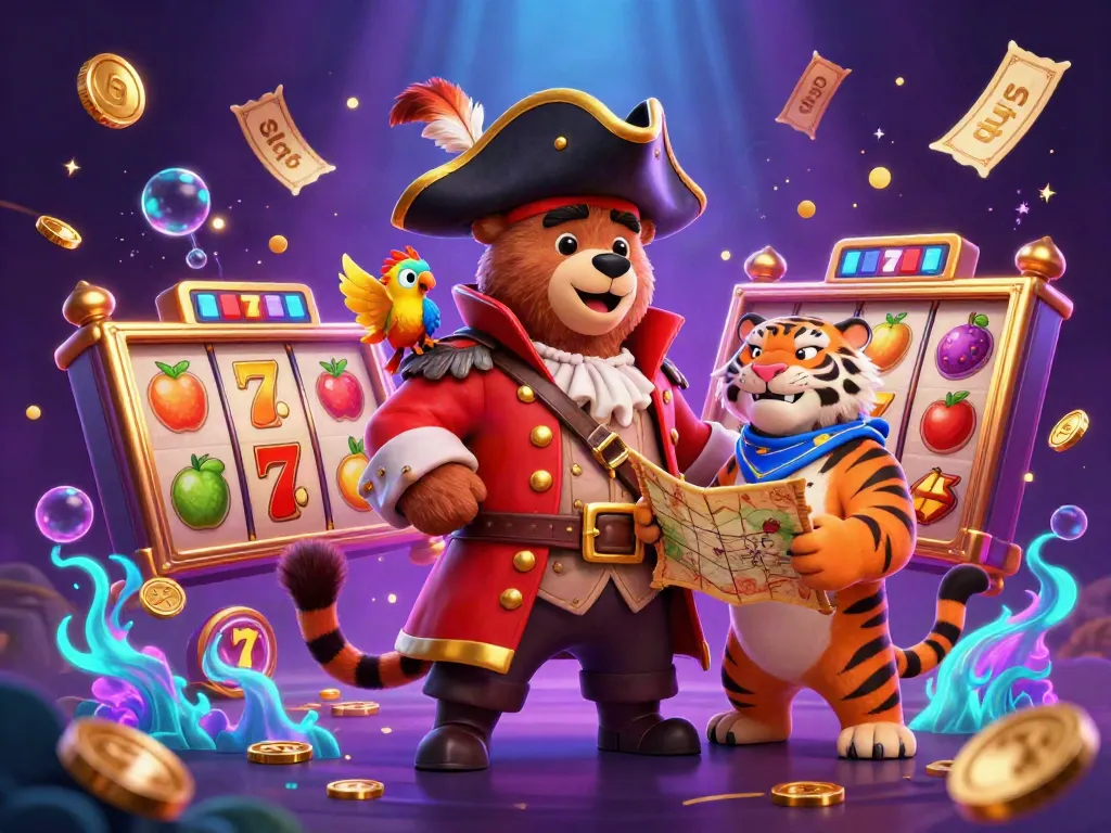 Engage with vibrant slot reels, colorful symbols, and a dynamic pirate scene featuring a bear and tiger.
