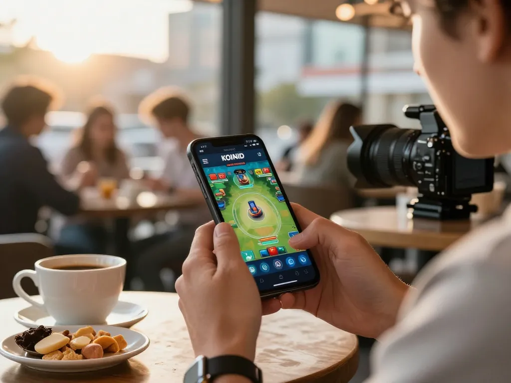 KOINID app displayed on smartphone during dynamic online gaming session at a cafe table.