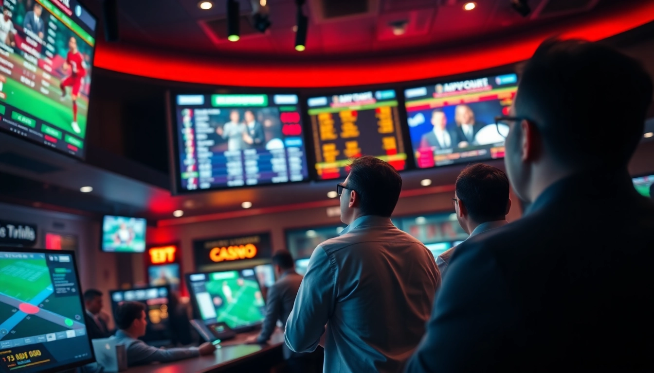 Engaging scene of sportsbooks in South Carolina with lively bettors and live game displays.