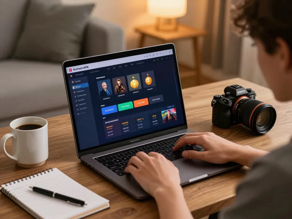 Engaging with SunwinAPK on a laptop, showcasing strategic online gambling in a cozy home setting.