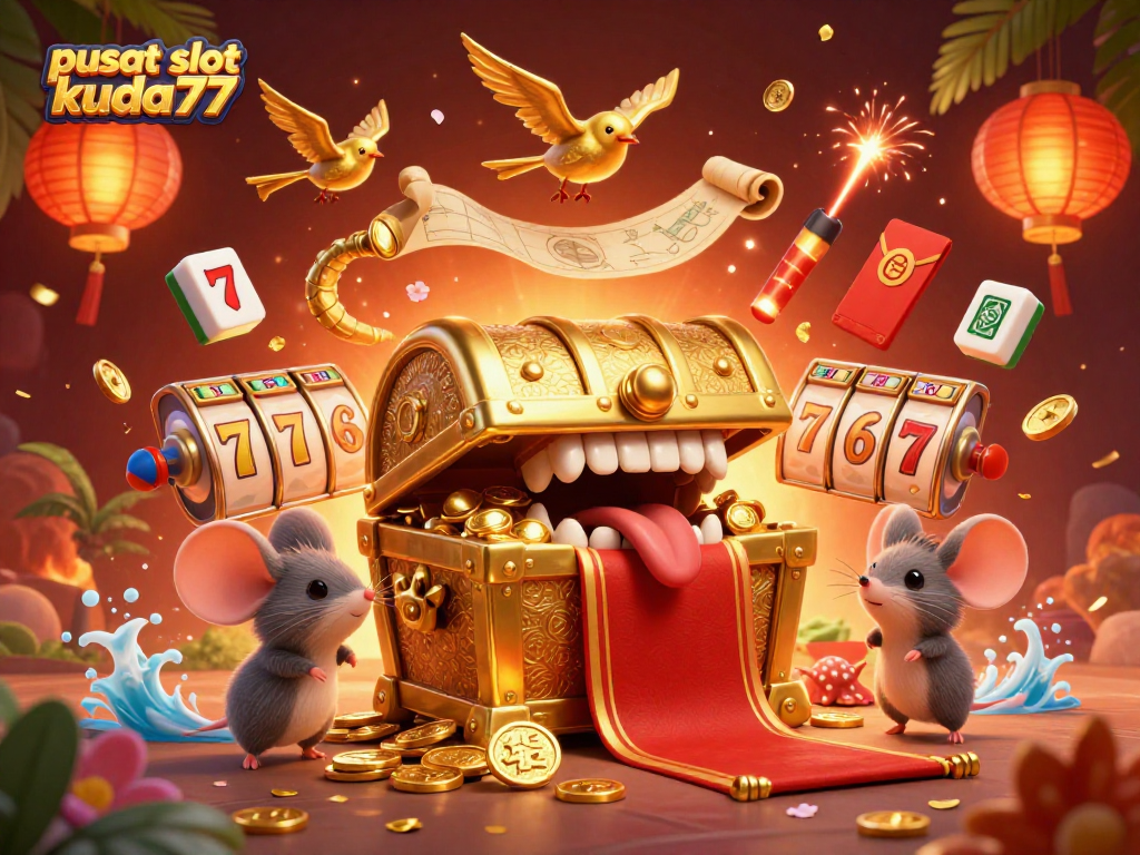 Mencoba peruntungan di pusat slot kuda77 dengan gulungan mesin slot dan simbol keberuntungan yang bersinar.