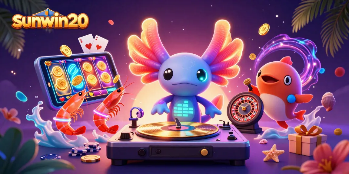 Engage with sunwin20's vibrant casino excitement featuring a neon-colored axolotl DJ and lively sea creatures.