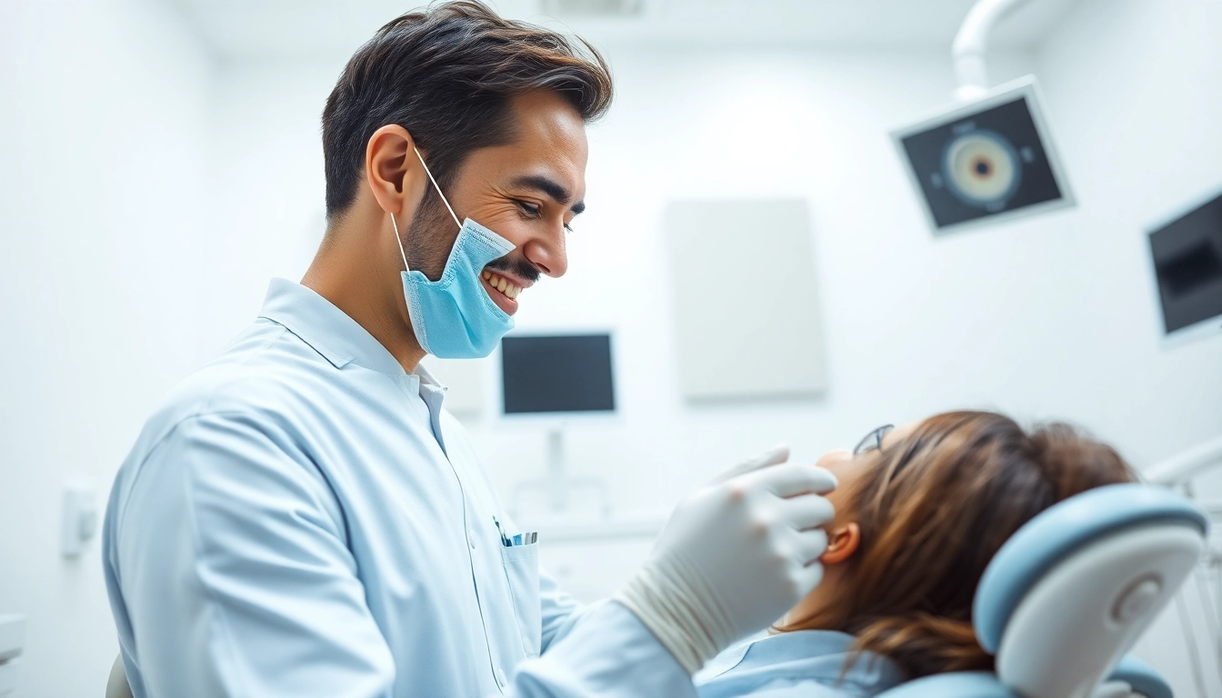 Dentist examining a patient in a modern clinic, showcasing professional dental care.