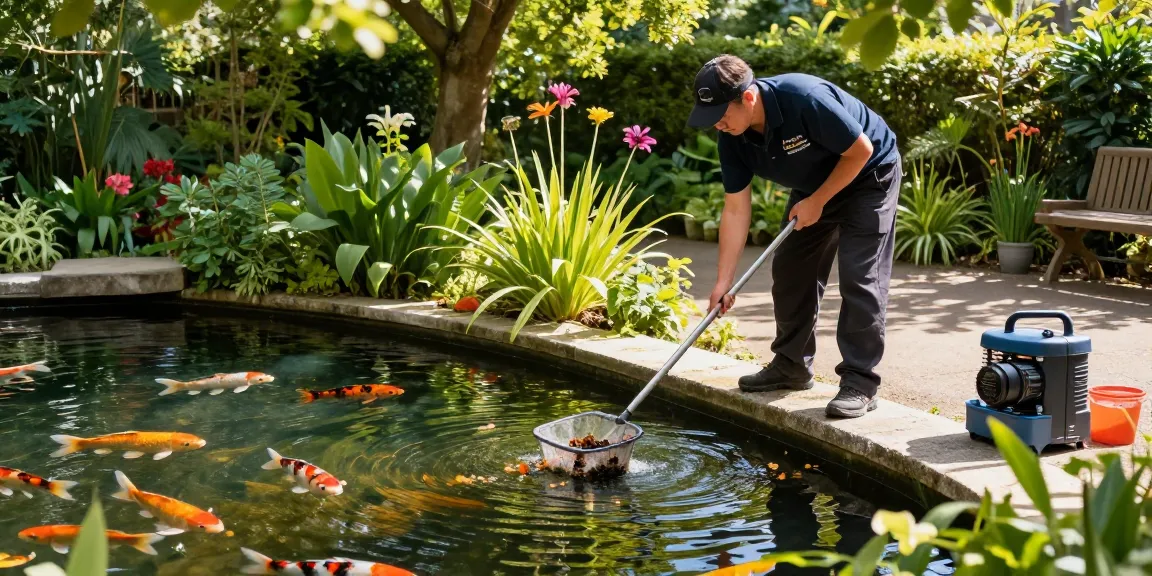 Pond Clean London service technician cleaning a vibrant garden pond, ensuring clear water and healthy ecosystem.