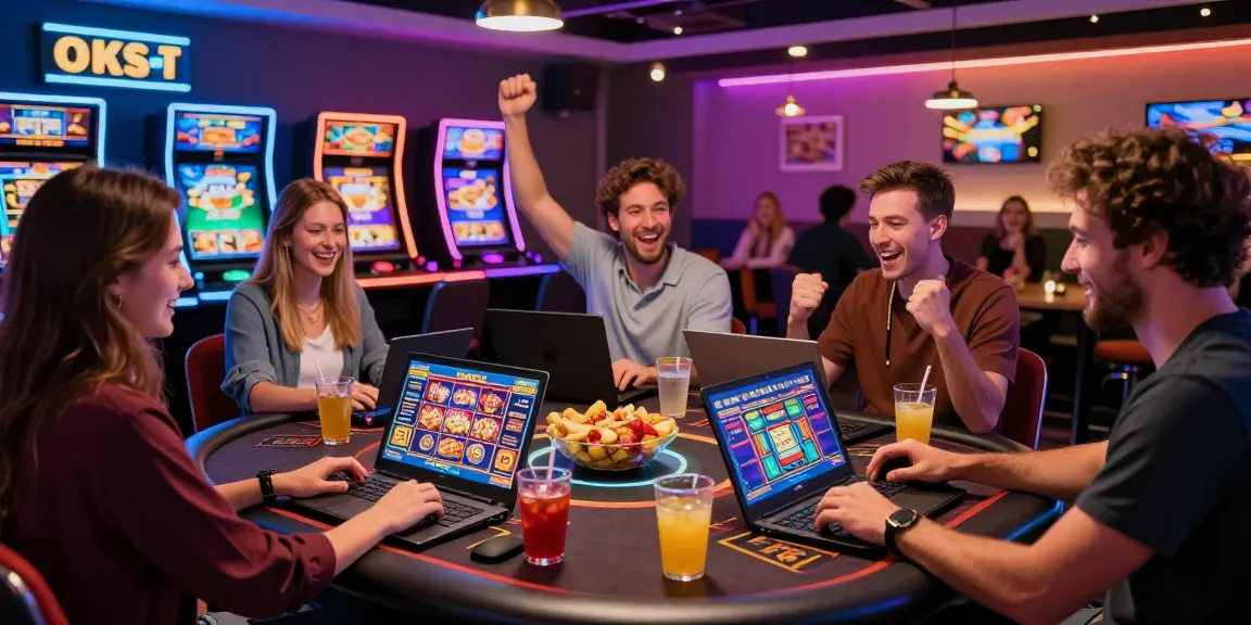 Group of friends enjoying non UKGC casinos with laptops and colorful lights