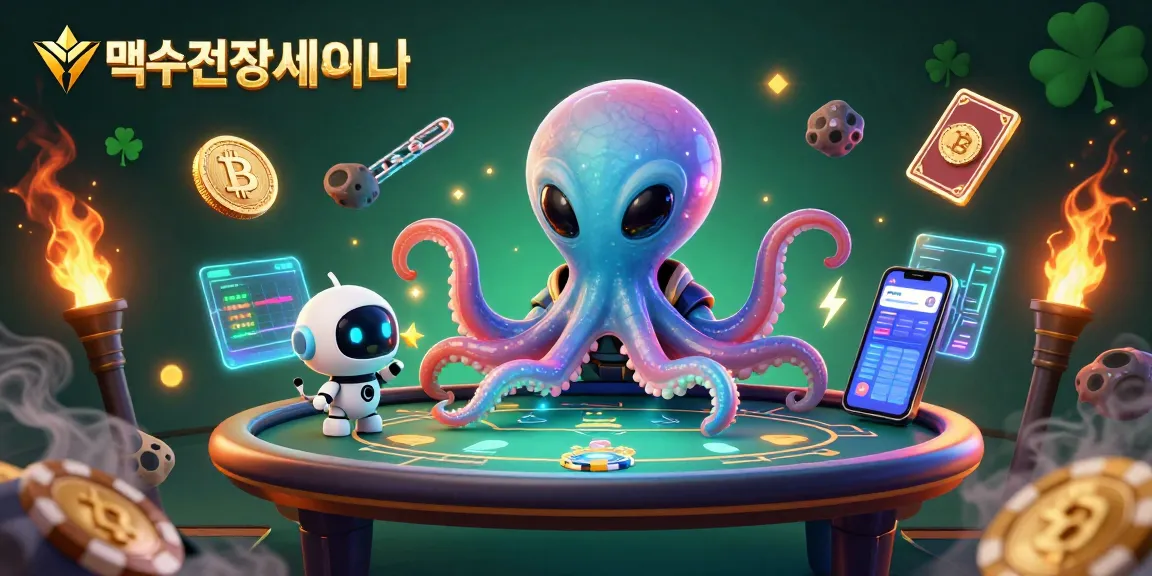 먹튀검증사이트의 안전한 배팅 환경을 구성하는 외계 문어 캐릭터와 로봇 친구의 3D 일러스트