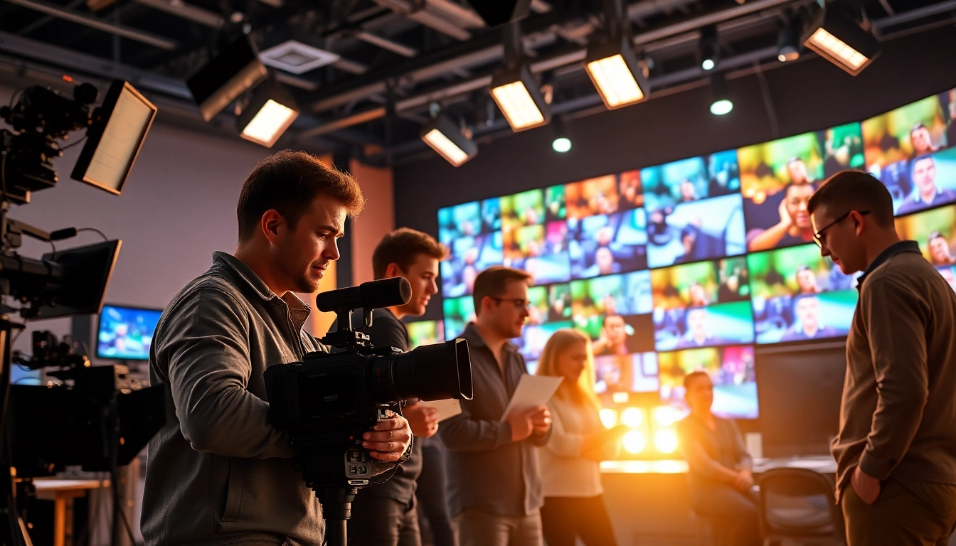 Team of edmonton production companies collaborating on a video project in a modern studio.