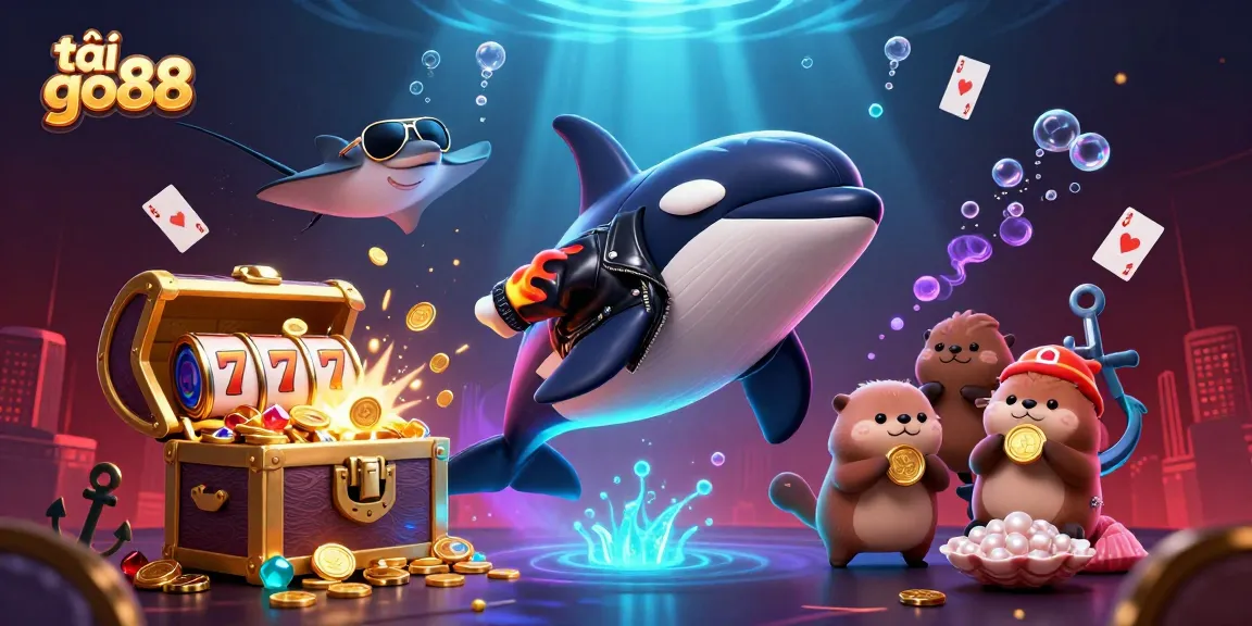 A dynamic illustration celebrating tải go88 with a cartoon whale and otters amid explosive treasure and slot elements