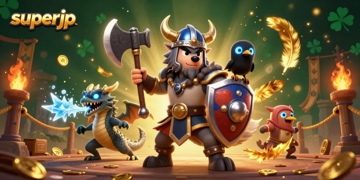 Engage in thrilling gameplay with superjp's Viking warrior and fierce dragon at a dynamic battle arena.