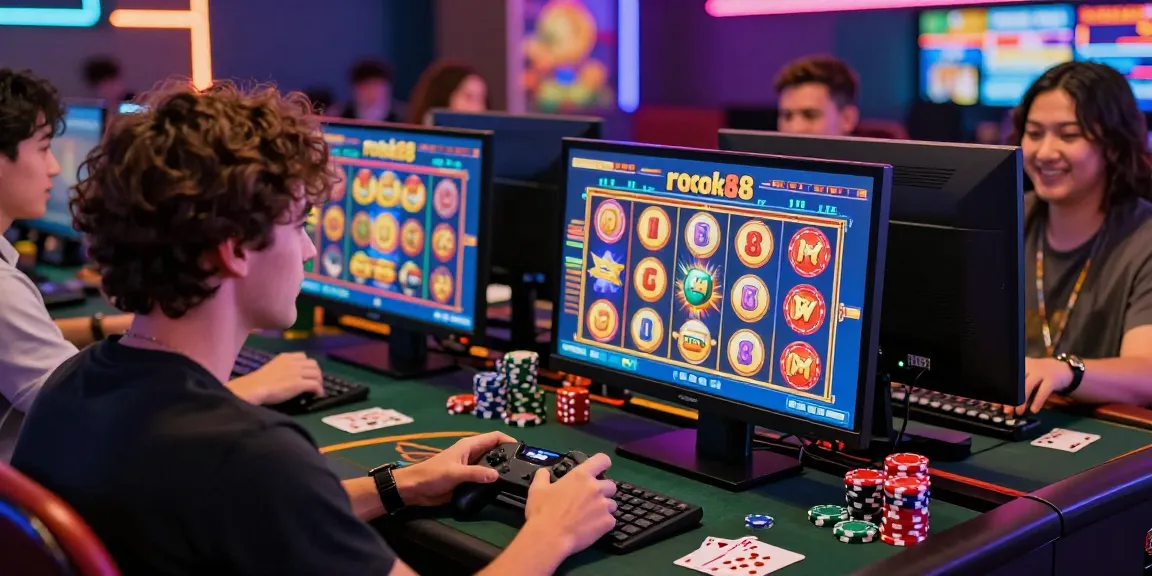 Engaging player at rokok88 slot game station in a lively casino atmosphere.