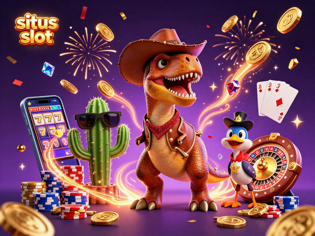 Experience exhilarating situs slot action with 3D cartoon characters amidst dynamic casino elements.