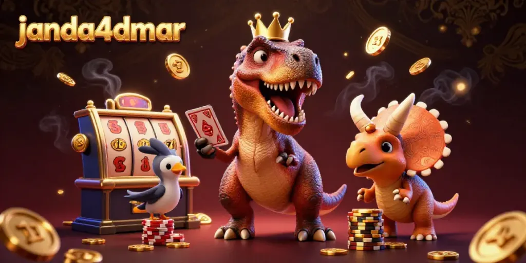 JANDA4DMAR menghibur dengan T-Rex bermain kartu dan triceratops menumpuk chip emas di kasino.