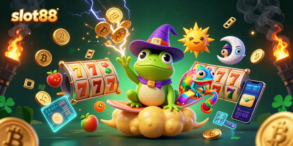 Slot88 menghadirkan ilustrasi kasino yang memukau, penuh dengan koin emas dan simbol slot yang berkilau.