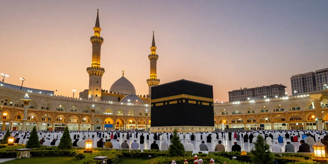 Pilgrims at Masjidil Haram for umroh Itikaf during Ramadan in a vibrant travel guide scene.