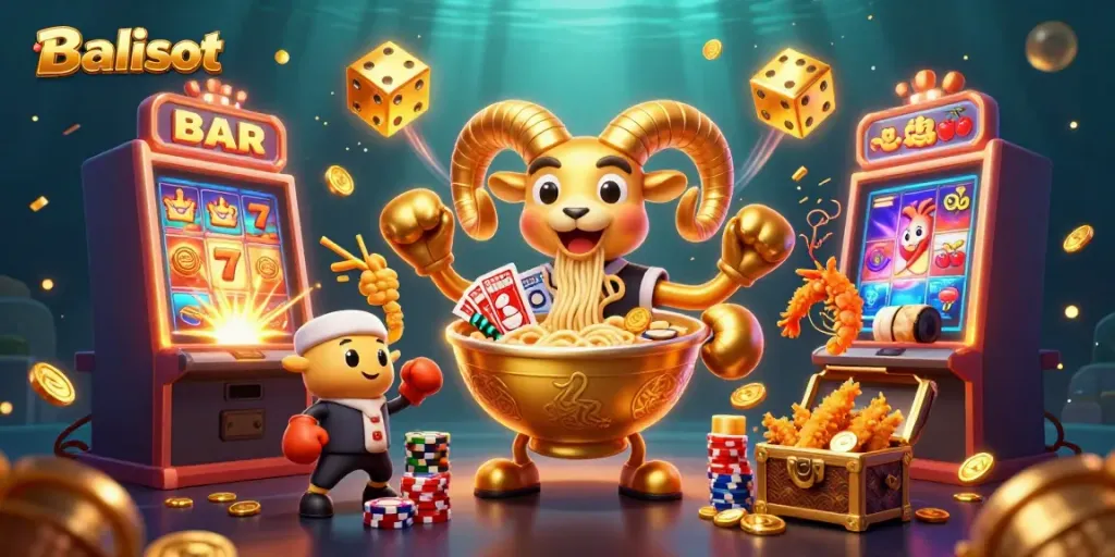 Balislot game scene with a giant ramen bowl dealer, slot machine explosion, and vibrant casino elements.