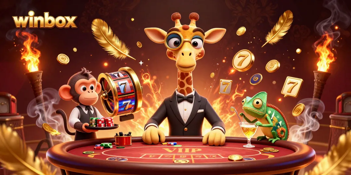 Winbox features a high-roller giraffe enjoying a VIP poker table with golden coins and slot elements.
