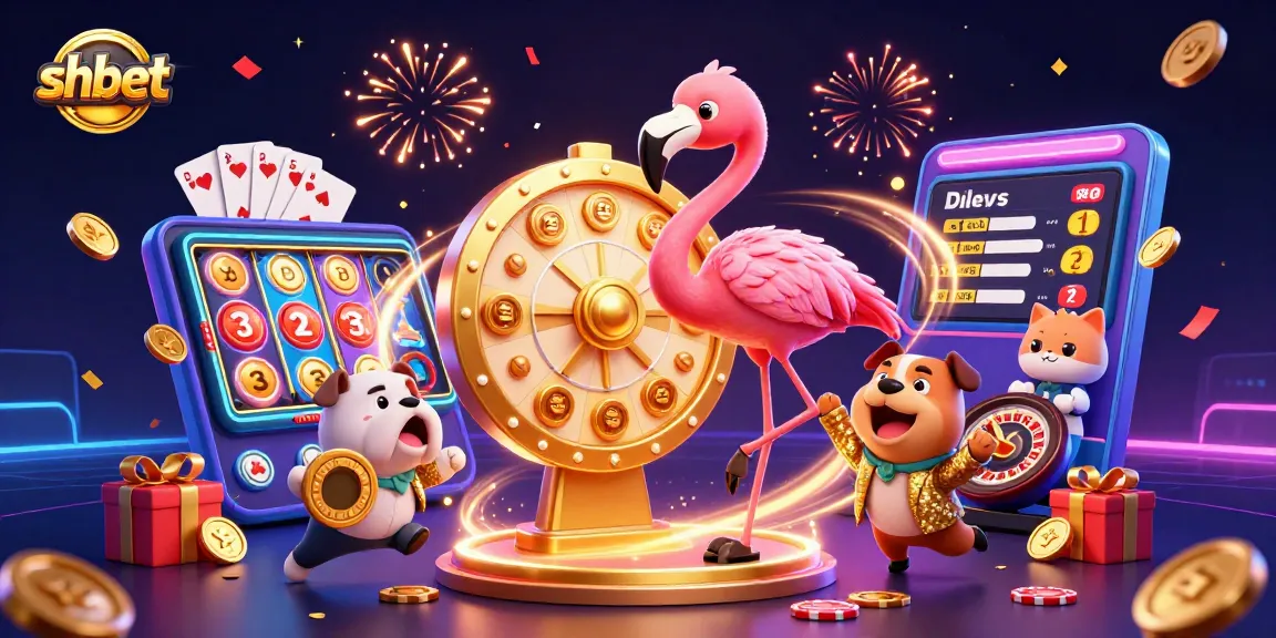 Spin the giant prize wheel with shbet while winning gold coins and prizes in this vibrant casino scene.