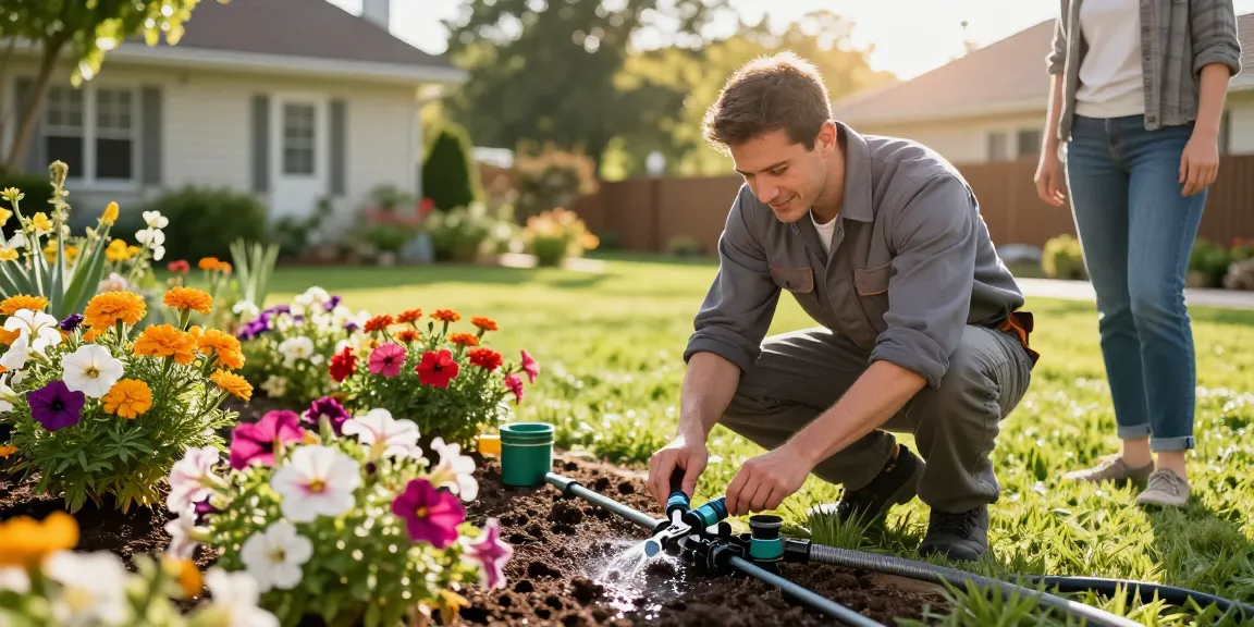 Professional Irrigation Services in Keller, TX: Technician repairing drip irrigation in a lush garden.