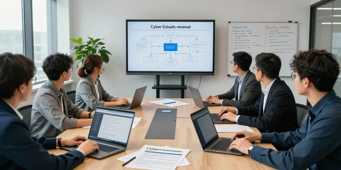 Collaboration on cyber essentials renewal in a modern office setting with cybersecurity professionals discussing strategies.