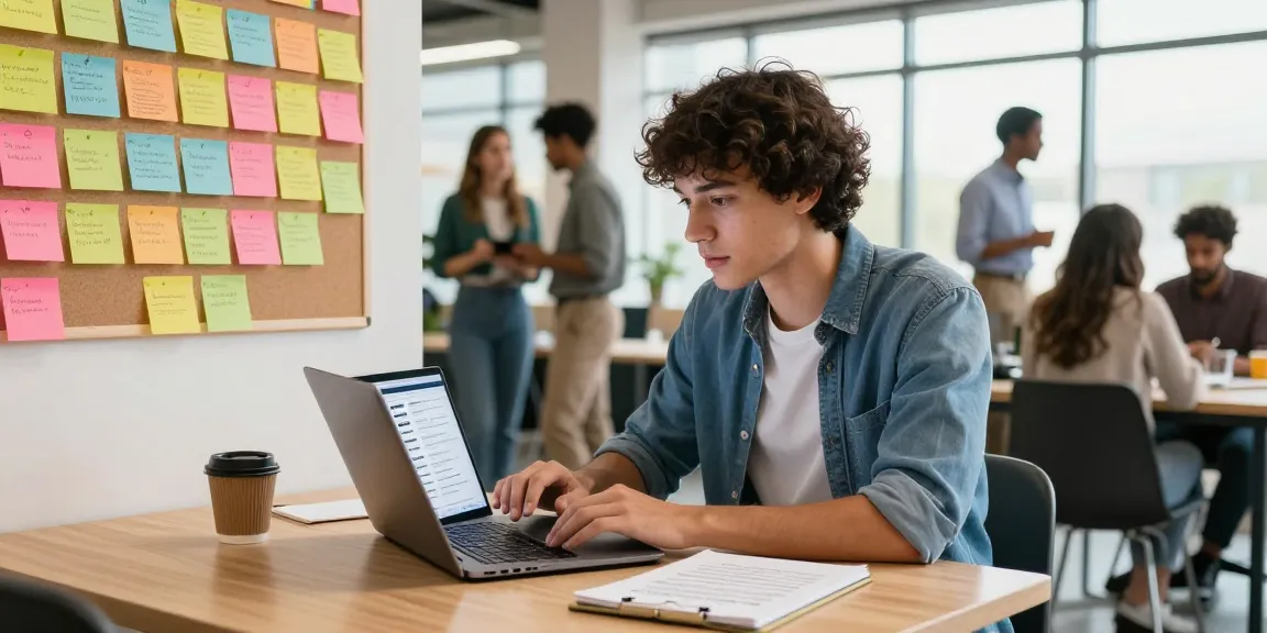 Youthful job seeker actively exploring how to find a job in a lively co-working space with career preparation notes.