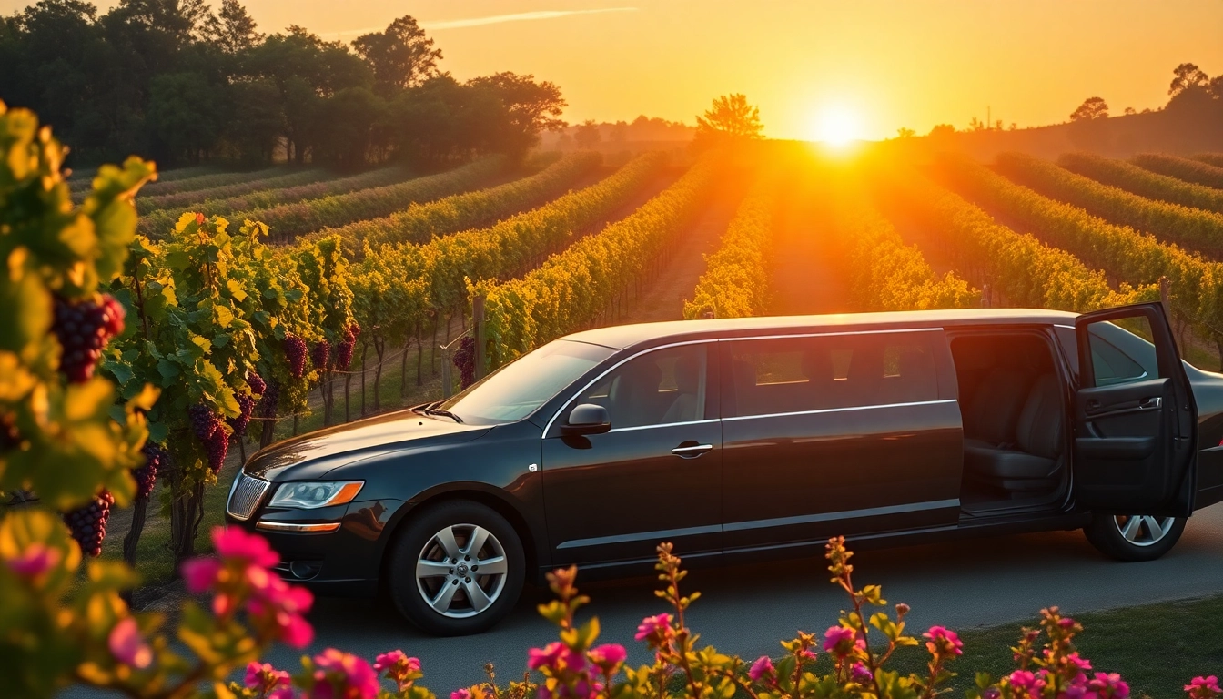 Experience a luxurious winery tour limousine at a beautiful vineyard during sunset.