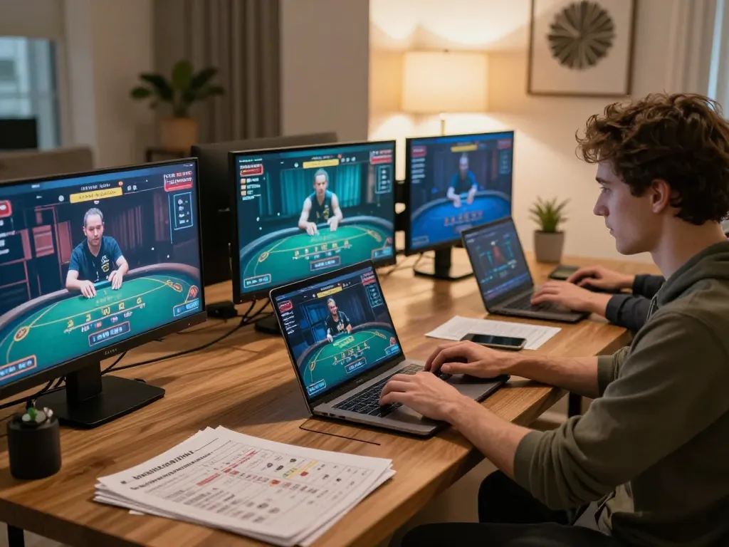 The hidden wiki's online poker gameplay scene featuring focused player at home office setup.