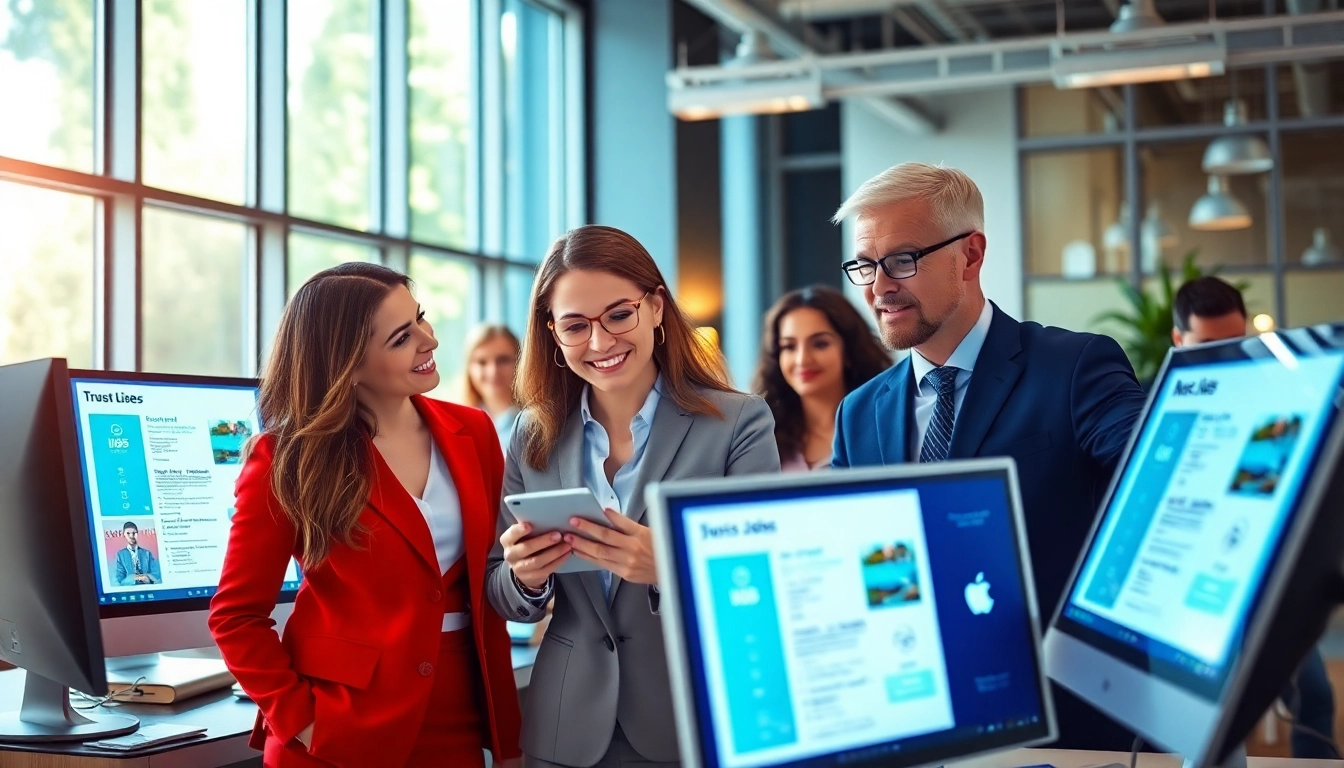 Salespeople actively searching through the best job boards for salespeople, showcasing vibrant office surroundings.