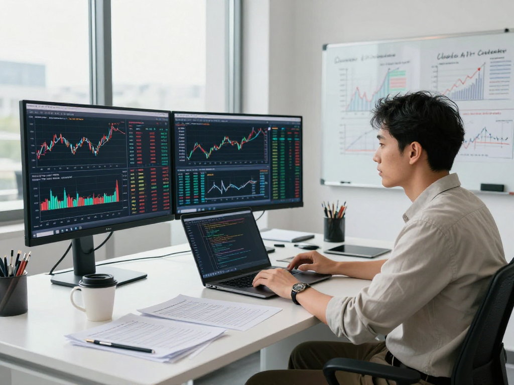 Financial analyst using multi-ticker India stock API in a modern trading office analysis.