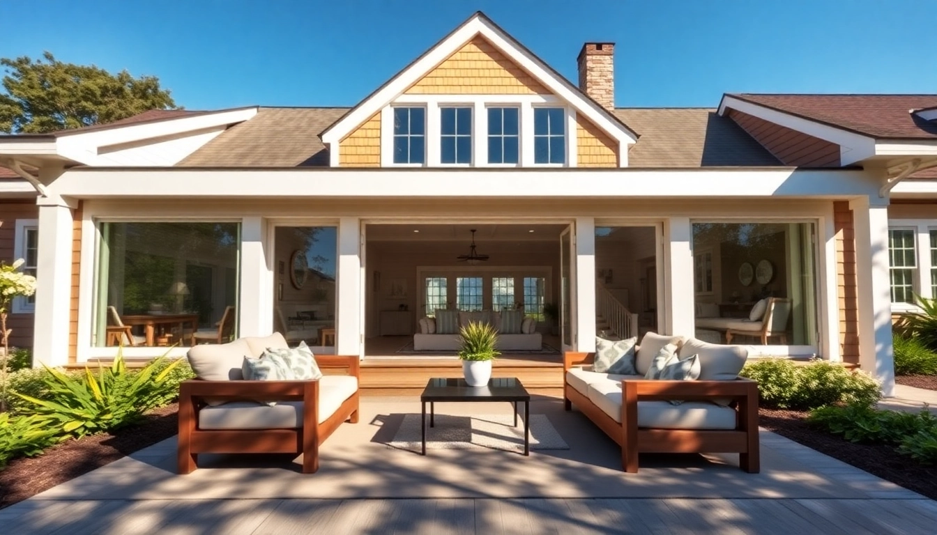 Cape Cod home addition with expansive windows and a beautifully landscaped exterior.