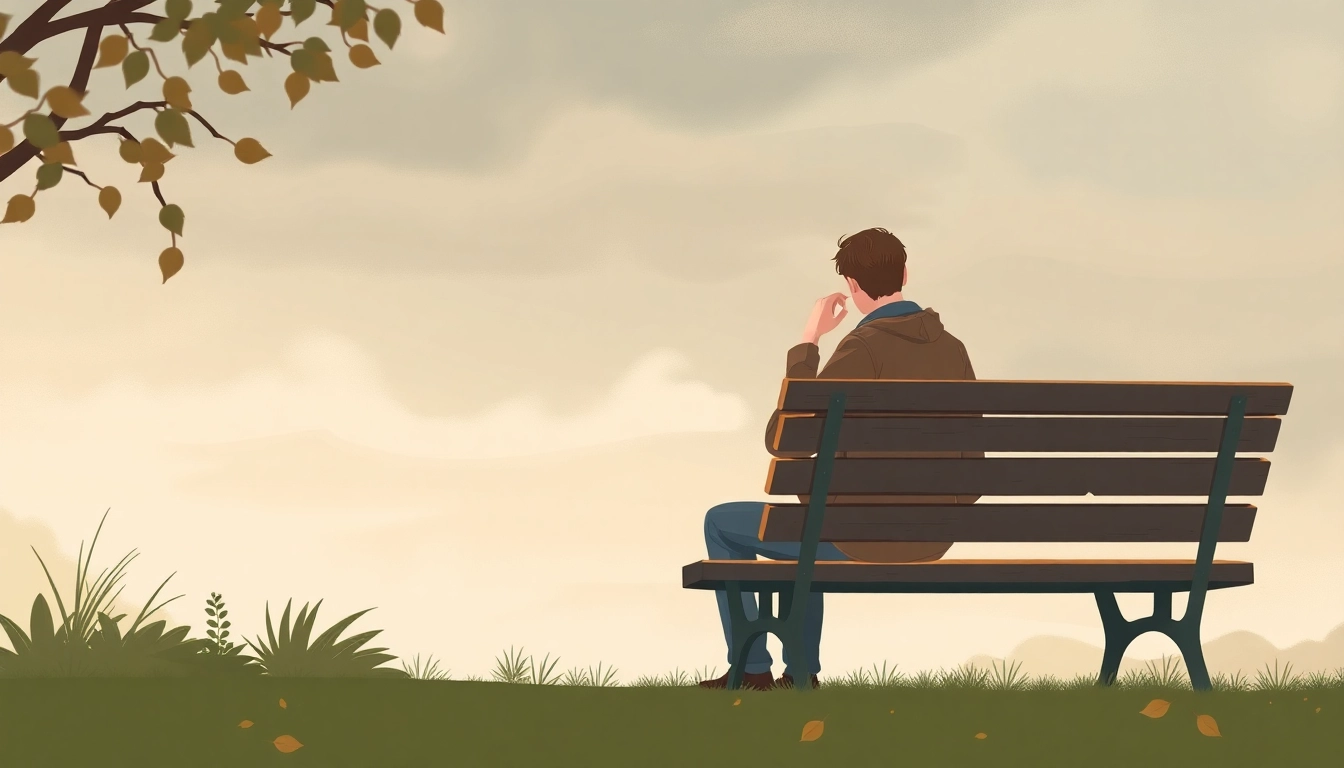 Illustration depicting a person experiencing depression symptoms, seated alone on a park bench in deep thought.