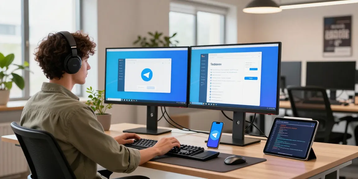 Workspace with developer using 纸飞机中文版 on dual monitors in a modern office.