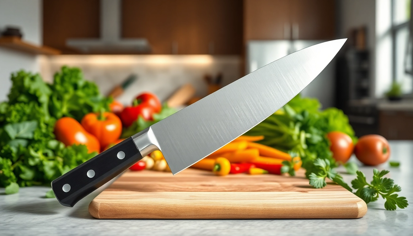 Learn how to choose a chef’s knife with a professional knife displayed on a cutting board.