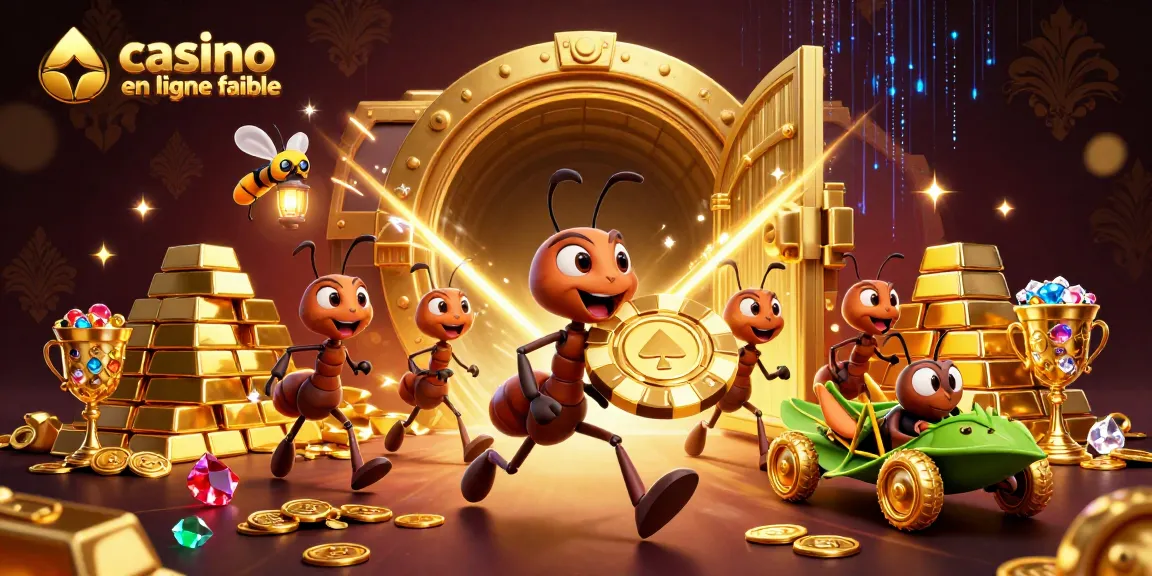 Actionner des jeux au casino en ligne fiable avec des fourmis 3D transportant un jeton en or.