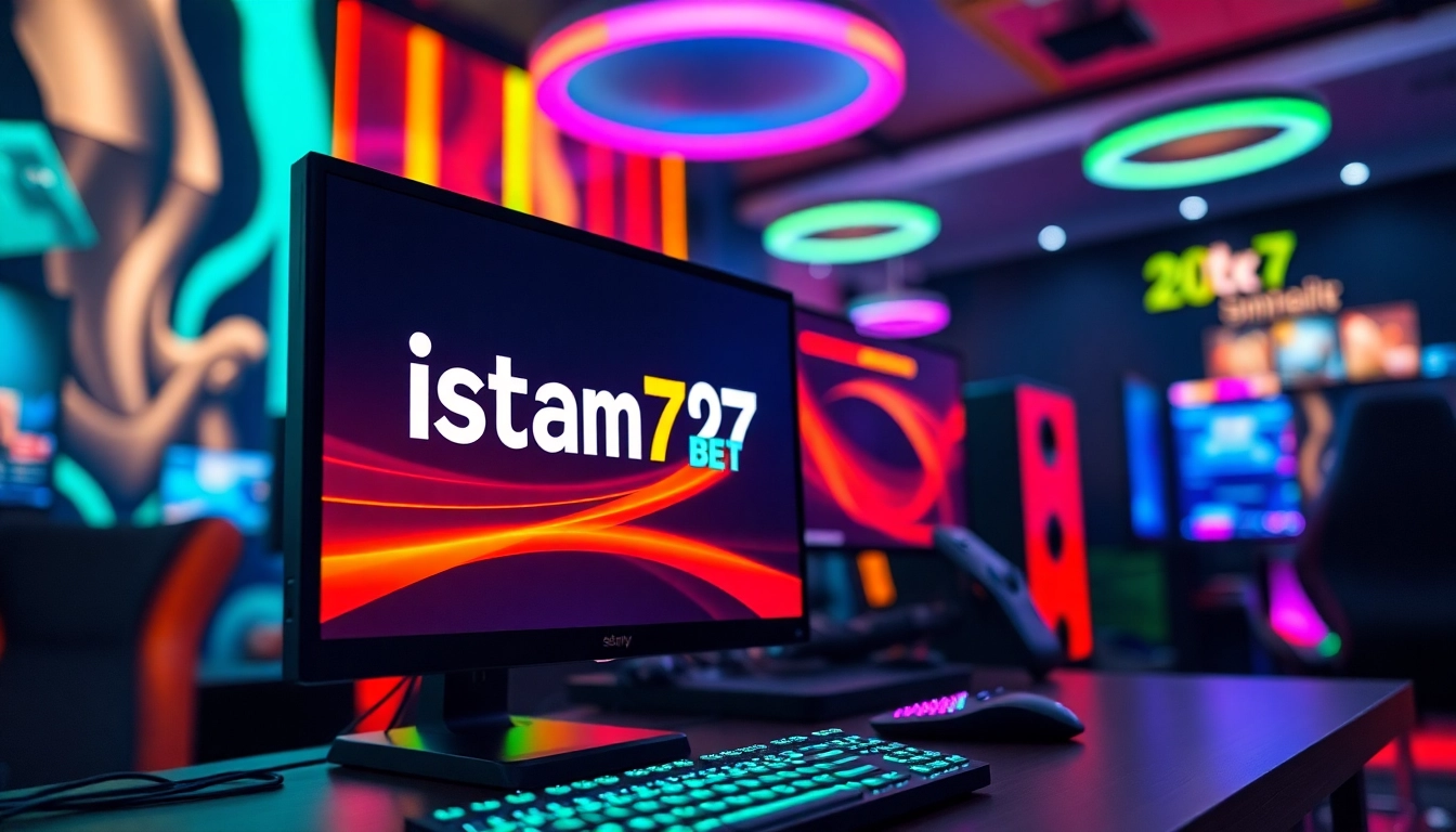 Menggambar pengalaman bermain istana777 bet dengan pengaturan desktop modern dan lampu LED berwarna-warni.