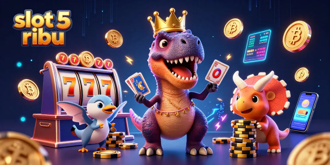 Spin the reels of slot 5 ribu with a cartoon T-Rex and friends surrounded by golden chips and crypto coins.