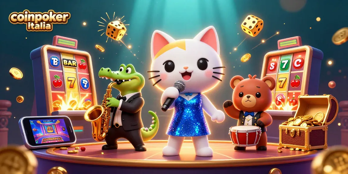 Gioca a coinpoker italia con un'illustrazione di un gatto cantante jazz e altri personaggi nel mondo del poker